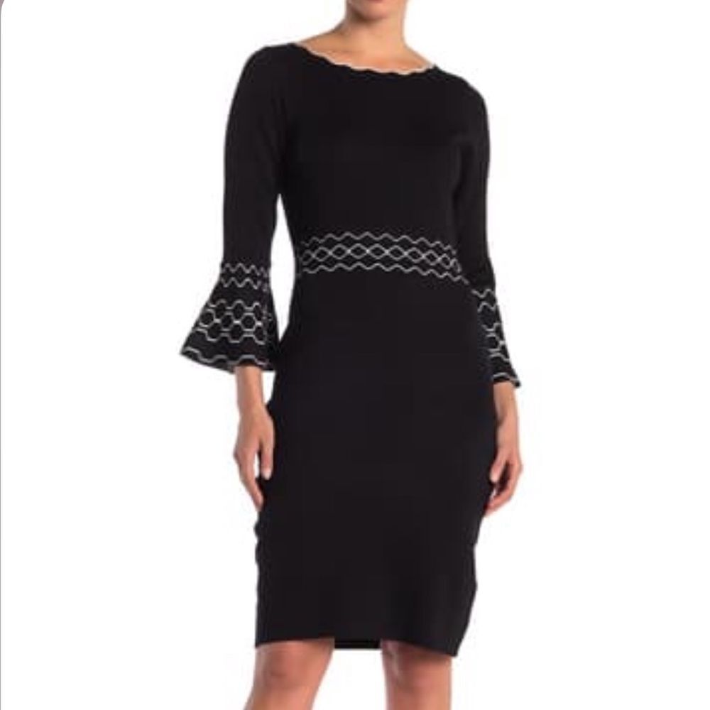 Nina Leonard 3/4 Bell Sleeve Sheath Dress Black L